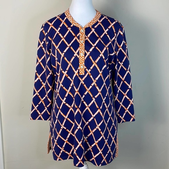 J. McLaughlin Tops - J. McLaughlin Catalina Cloth Lattice Tunic Navy Orange White Size M